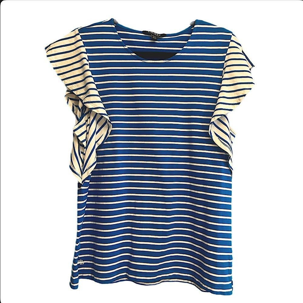 Lauren Ralph Lauren Blue & White Striped Flowy Sleeves Blouse Size XL